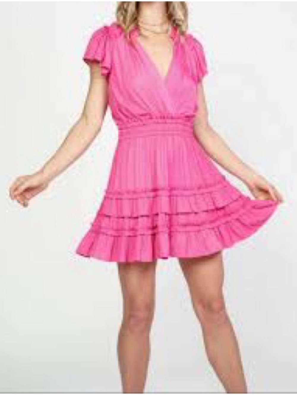 Current Air Pink V-Neck Tiered Ruffle Mini Dress